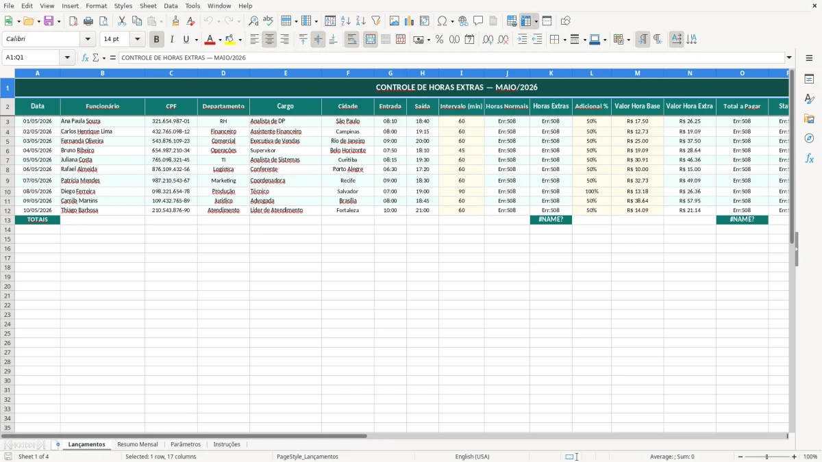 Captura de tela 1: Aba Lançamentos - Planilha Excel planilha de controle de horas extras excel