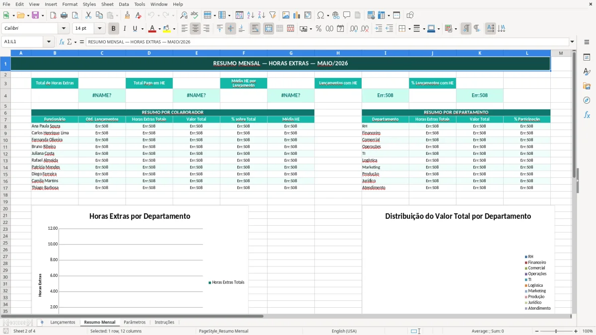 Captura de tela 2: Aba Resumo Mensal - Planilha Excel planilha de controle de horas extras excel