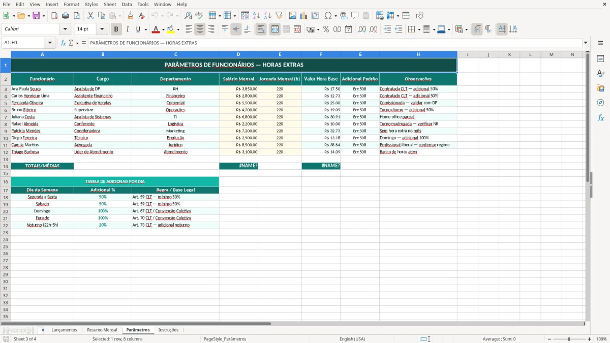 Captura de tela 3: Aba Parâmetros - Planilha Excel planilha de controle de horas extras excel