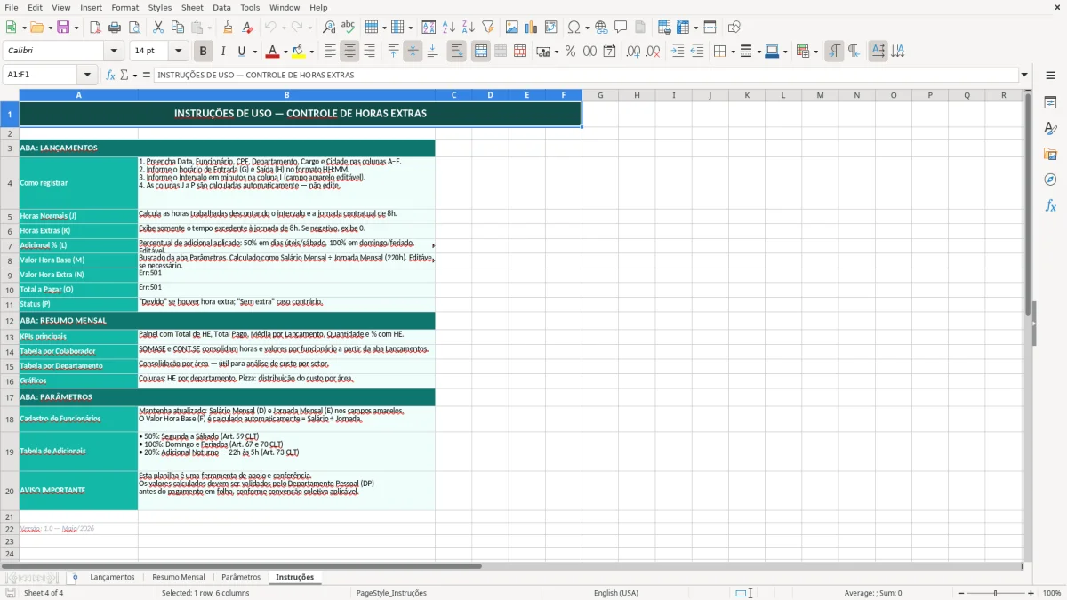 Captura de tela 4: Aba Instruções - Planilha Excel planilha de controle de horas extras excel