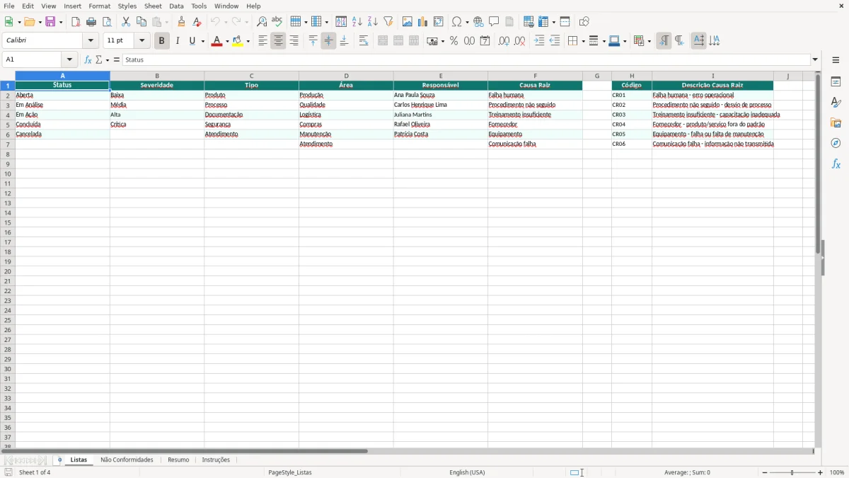 Captura de tela 1: Aba Listas - Planilha Excel planilha de controle de não conformidades excel