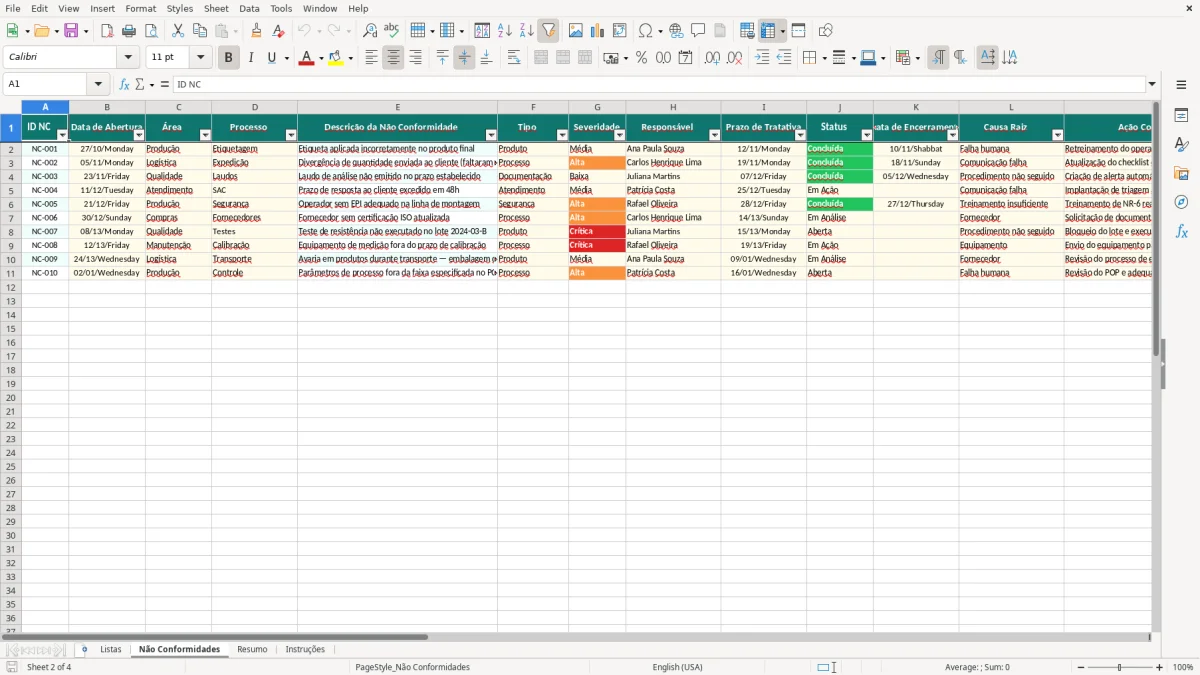 Captura de tela 2: Aba Não Conformidades - Planilha Excel planilha de controle de não conformidades excel