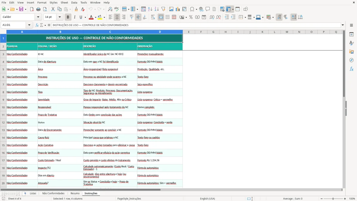 Captura de tela 4: Aba Instruções - Planilha Excel planilha de controle de não conformidades excel