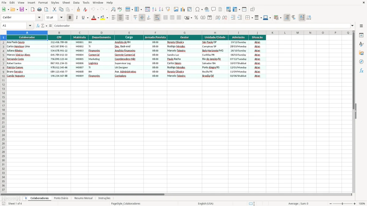 Captura de tela 1: Aba Colaboradores - Planilha Excel planilha de controle de ponto excel