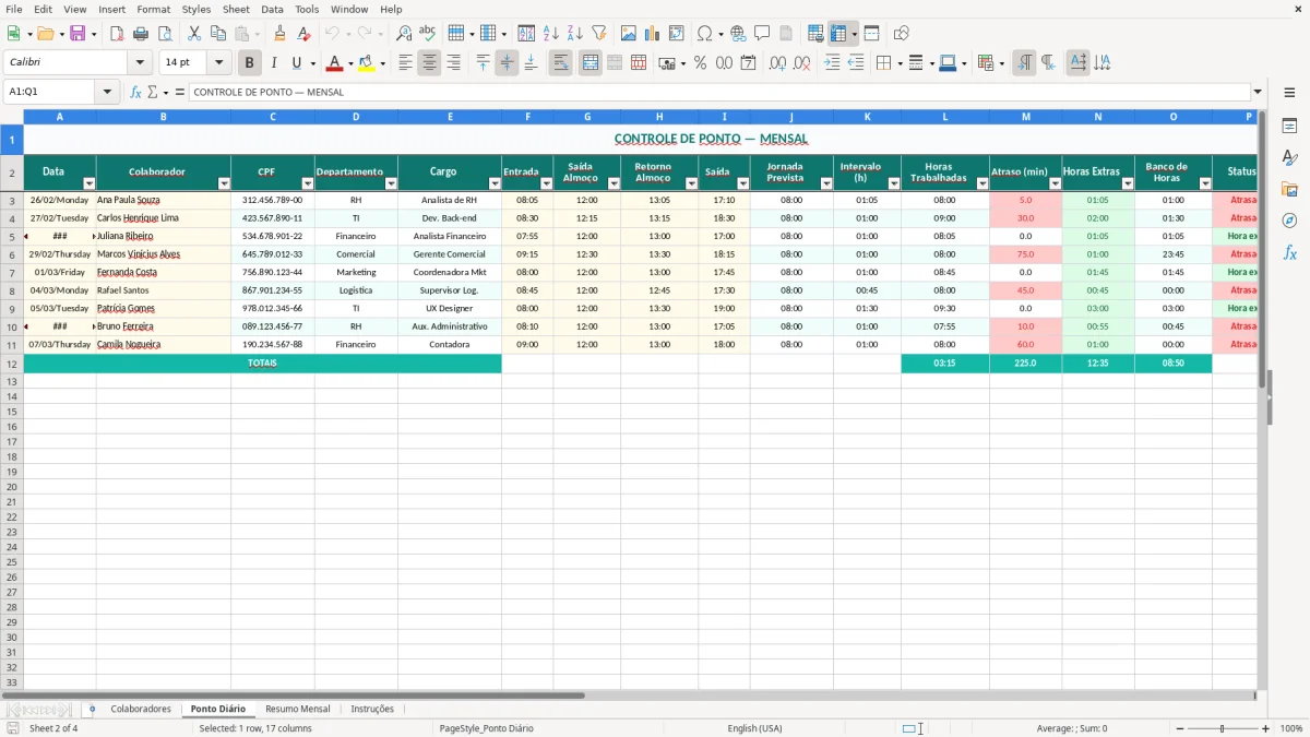 Captura de tela 2: Aba Ponto Diário - Planilha Excel planilha de controle de ponto excel