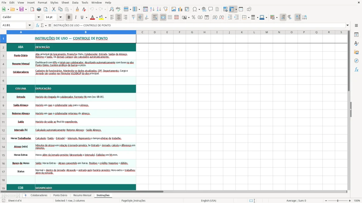 Captura de tela 4: Aba Instruções - Planilha Excel planilha de controle de ponto excel