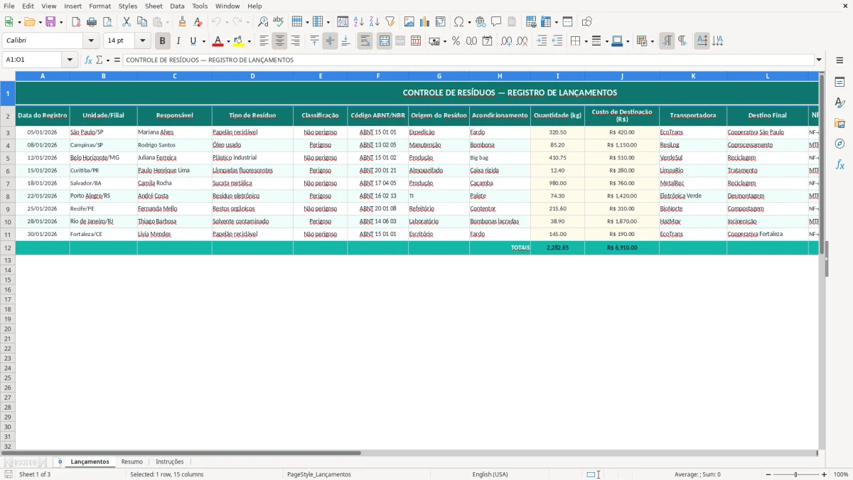 Captura de tela 1: Aba Lançamentos - Planilha Excel planilha de controle de resíduos excel