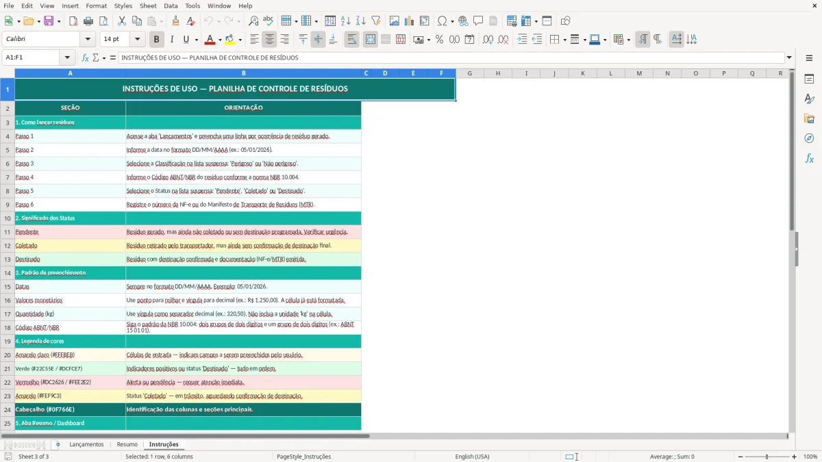Captura de tela 3: Aba Instruções - Planilha Excel planilha de controle de resíduos excel