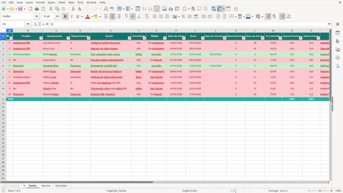 Captura de tela 1: Aba Tarefas - Planilha Excel planilha de controle de tarefas excel