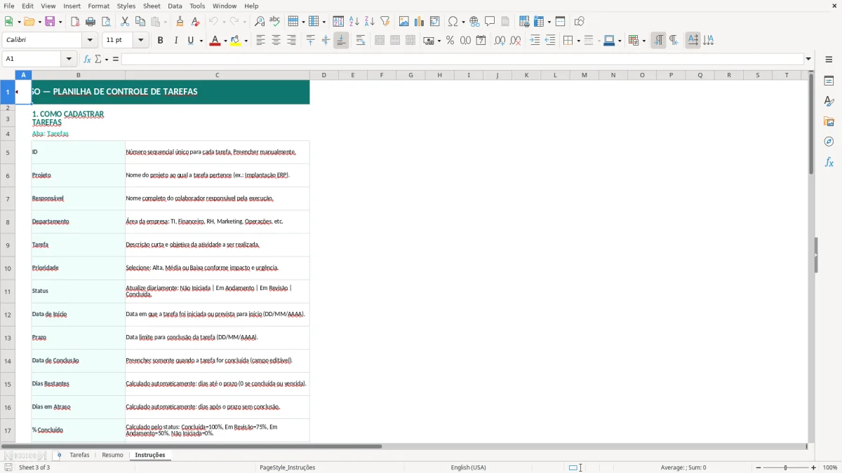 Captura de tela 3: Aba Instruções - Planilha Excel planilha de controle de tarefas excel
