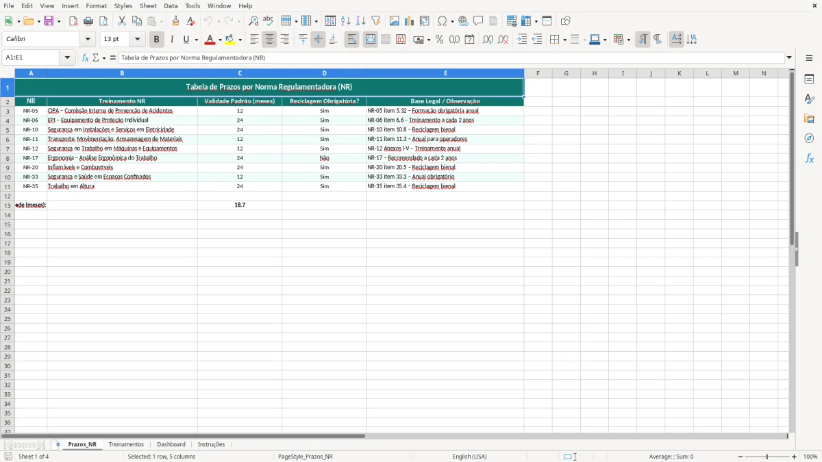 Captura de tela 1: Aba Prazos_NR - Planilha Excel planilha de controle de treinamentos NR excel