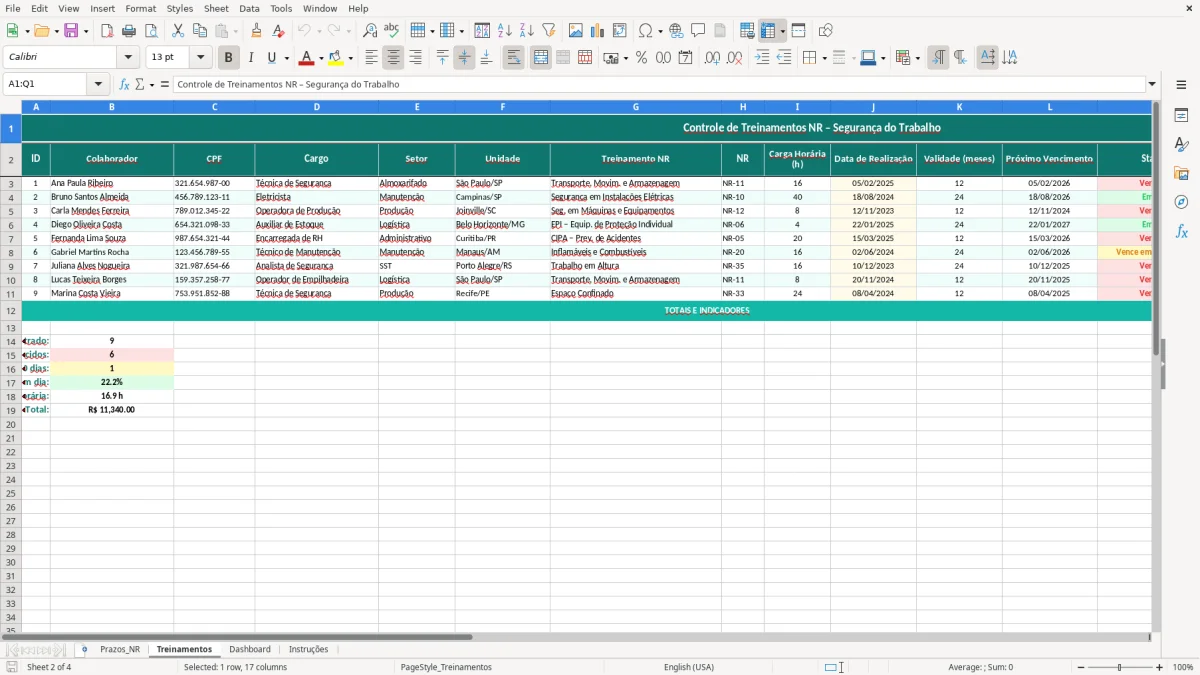 Captura de tela 2: Aba Treinamentos - Planilha Excel planilha de controle de treinamentos NR excel