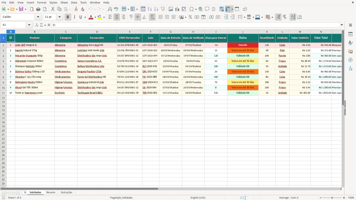 Captura de tela 1: Aba Validades - Planilha Excel planilha de controle de validade excel