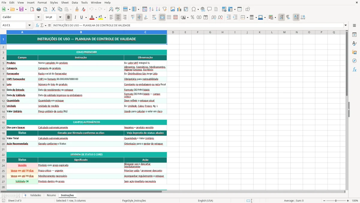 Captura de tela 3: Aba Instruções - Planilha Excel planilha de controle de validade excel