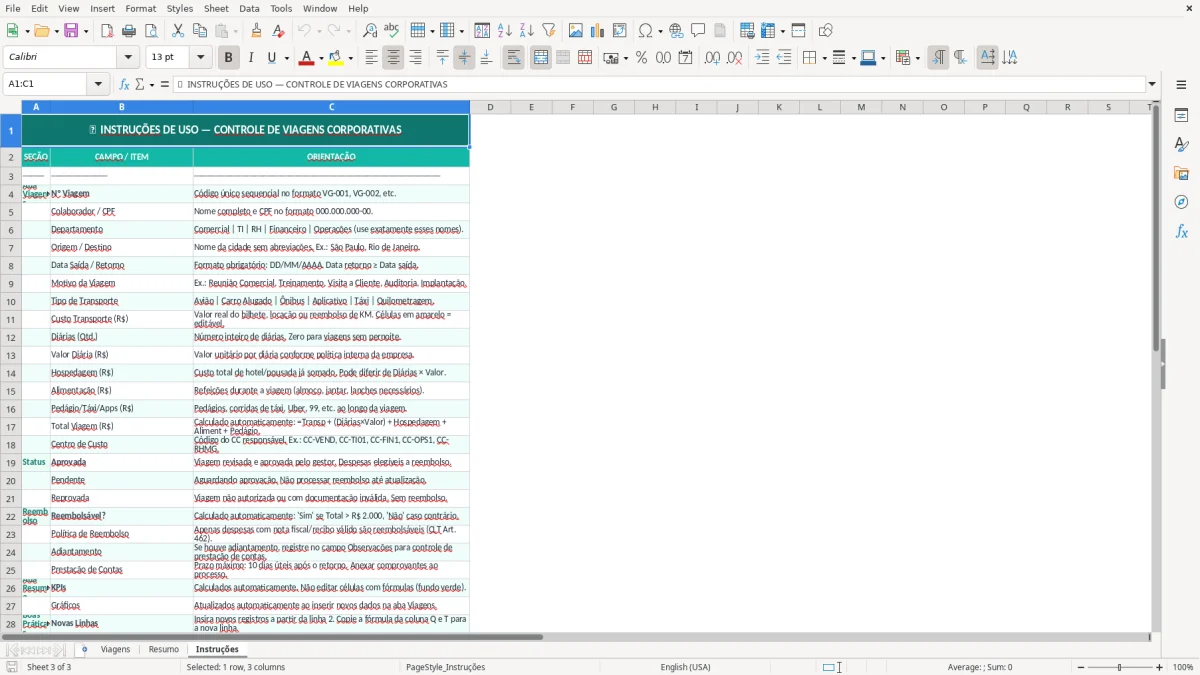 Captura de tela 3: Aba Instruções - Planilha Excel planilha de controle de viagens corporativas excel