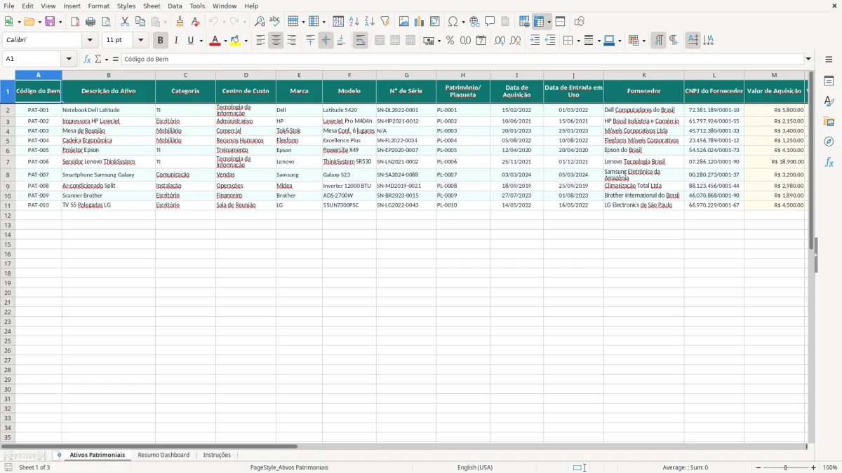 Captura de tela 1: Aba Ativos Patrimoniais - Planilha Excel planilha de controle patrimonial excel