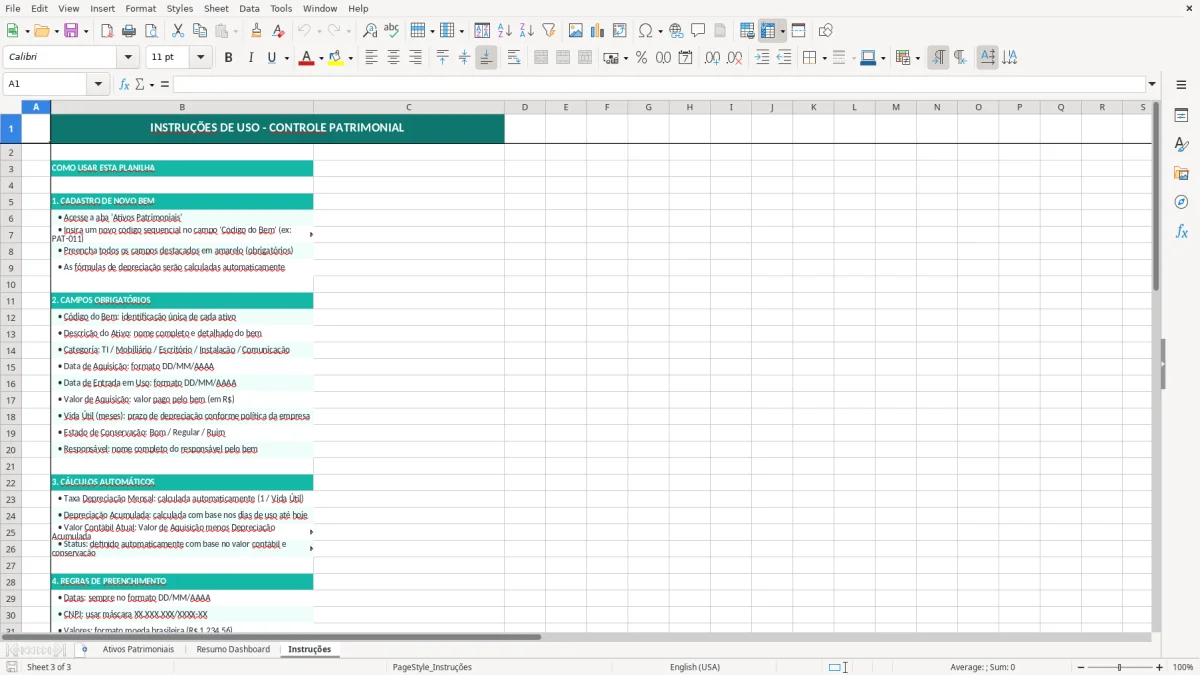 Captura de tela 3: Aba Instruções - Planilha Excel planilha de controle patrimonial excel