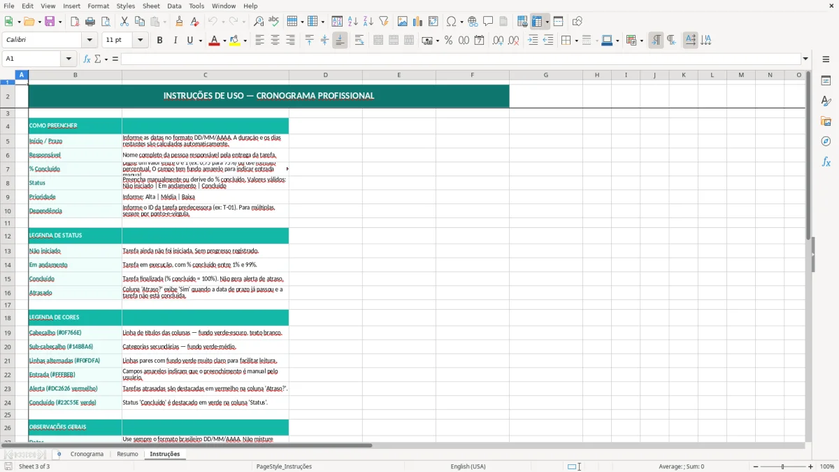 Captura de tela 3: Aba Instruções - Planilha Excel planilha de cronograma excel