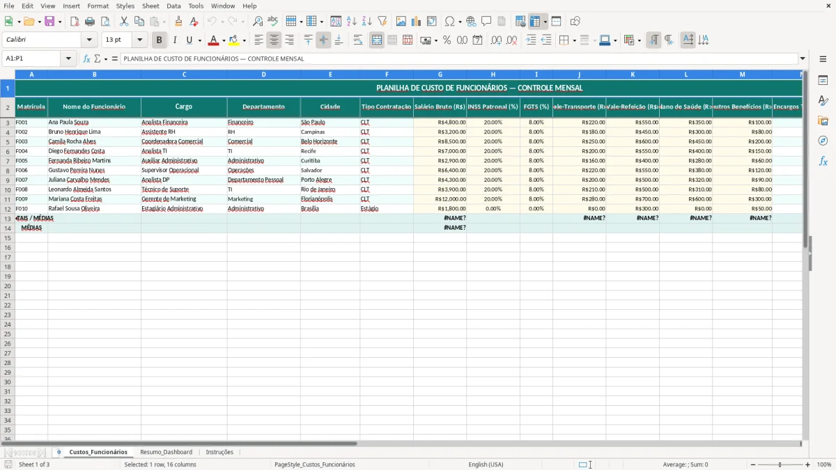 Captura de tela 1: Aba Custos_Funcionários - Planilha Excel planilha de custo de funcionário excel