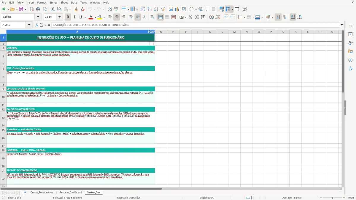 Captura de tela 3: Aba Instruções - Planilha Excel planilha de custo de funcionário excel