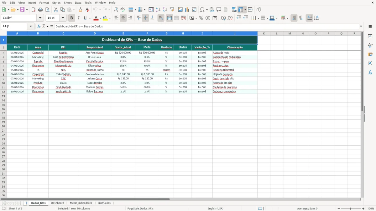 Captura de tela 1: Aba Dados_KPIs - Planilha Excel planilha de dashboard de KPIs excel