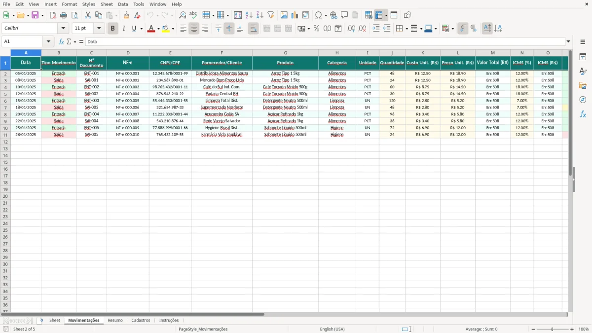 Captura de tela 2: Aba Movimentações - Planilha Excel planilha de entrada e saída de mercadorias excel