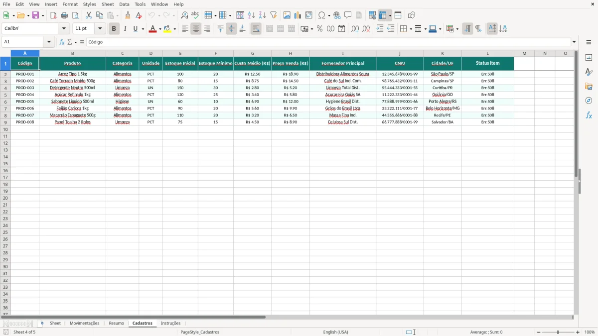 Captura de tela 4: Aba Cadastros - Planilha Excel planilha de entrada e saída de mercadorias excel