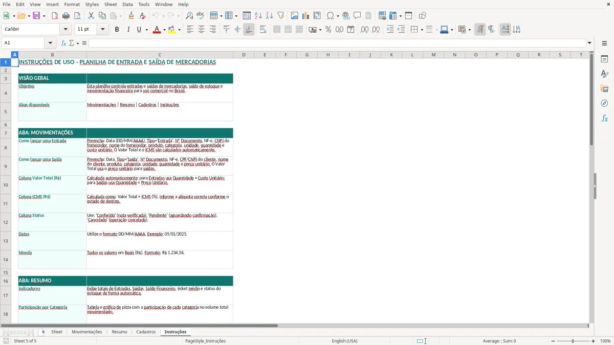 Captura de tela 5: Aba Instruções - Planilha Excel planilha de entrada e saída de mercadorias excel