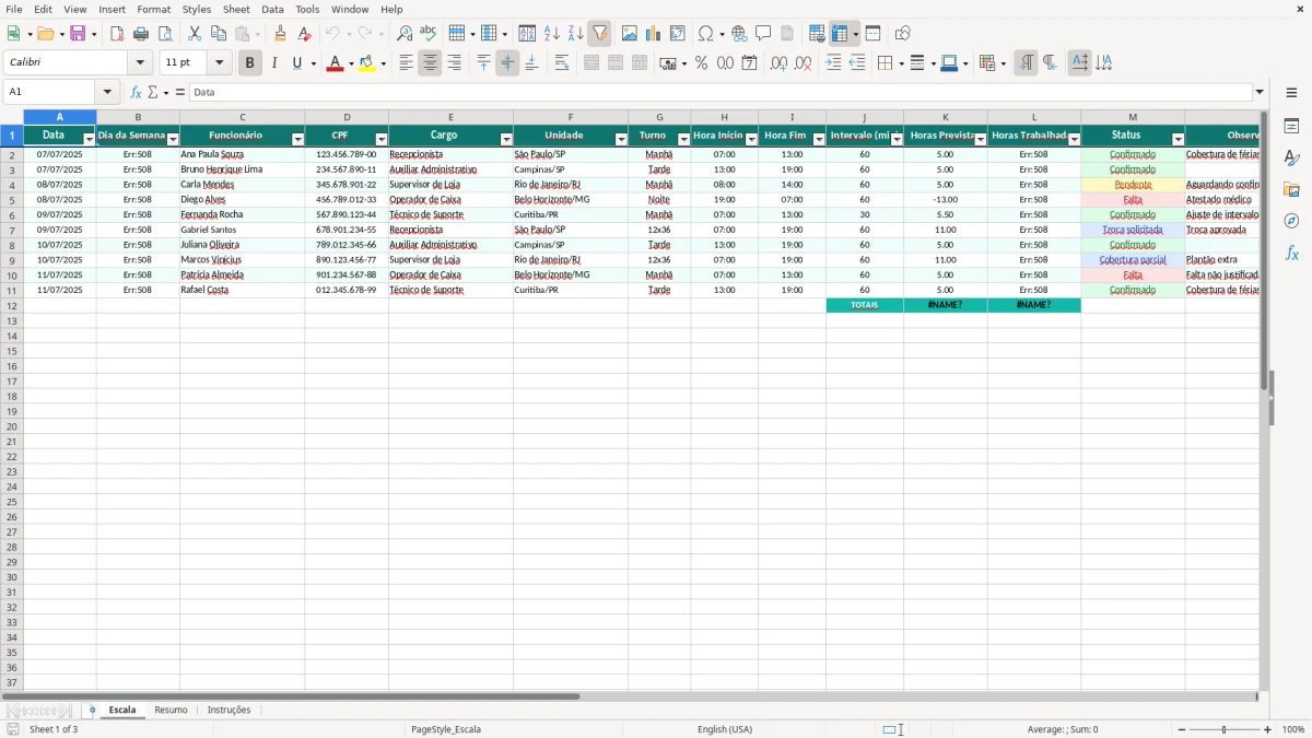 Captura de tela 1: Aba Escala - Planilha Excel planilha de escala de trabalho excel
