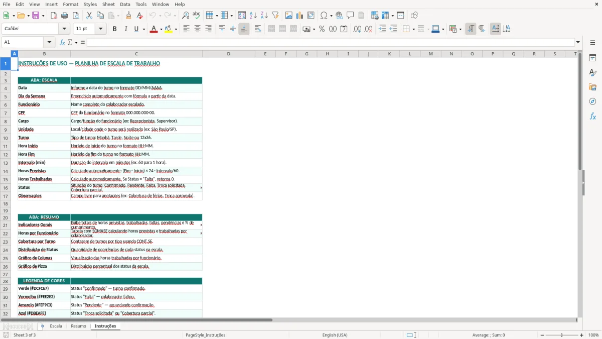 Captura de tela 3: Aba Instruções - Planilha Excel planilha de escala de trabalho excel