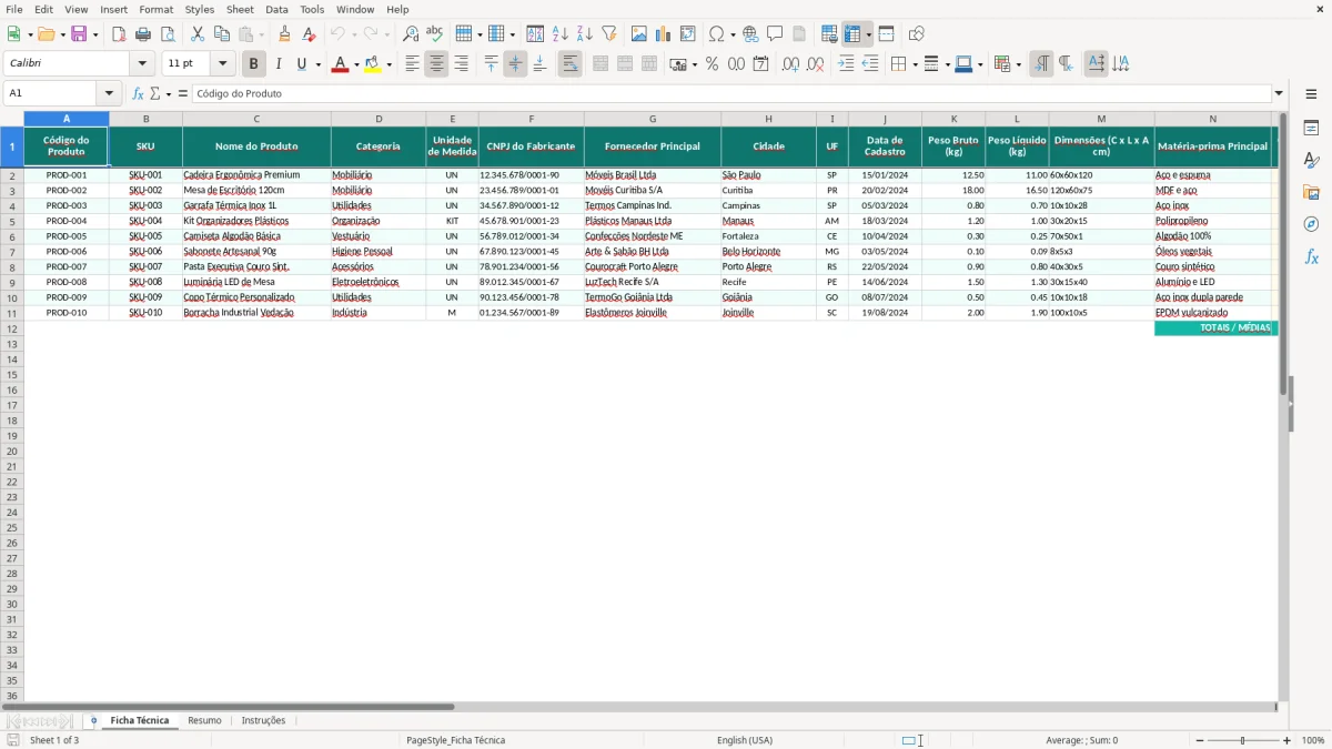 Captura de tela 1: Aba Ficha Técnica - Planilha Excel planilha de ficha técnica de produto excel