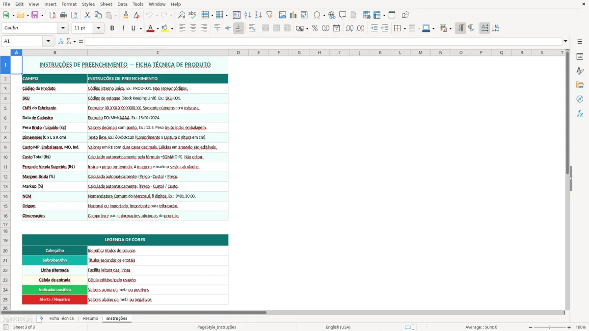 Captura de tela 3: Aba Instruções - Planilha Excel planilha de ficha técnica de produto excel