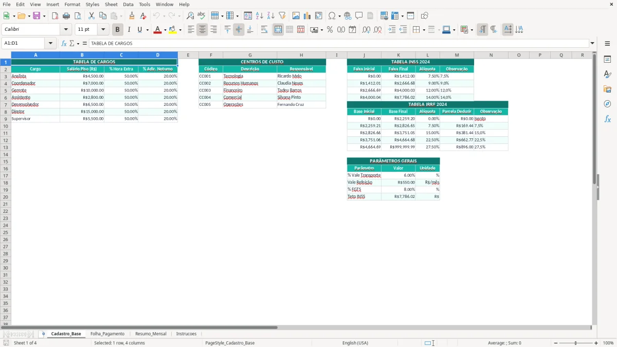 Captura de tela 1: Aba Cadastro_Base - Planilha Excel planilha de folha de pagamento excel