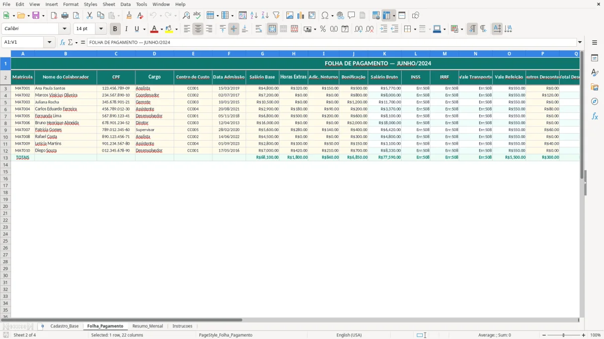 Captura de tela 2: Aba Folha_Pagamento - Planilha Excel planilha de folha de pagamento excel