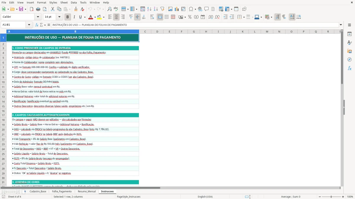 Captura de tela 4: Aba Instrucoes - Planilha Excel planilha de folha de pagamento excel