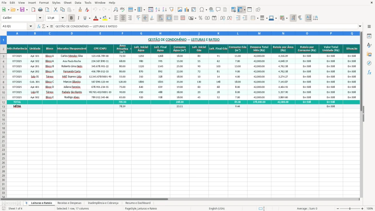 Captura de tela 1: Aba Leituras e Rateio - Planilha Excel planilha de gestão de condomínio excel