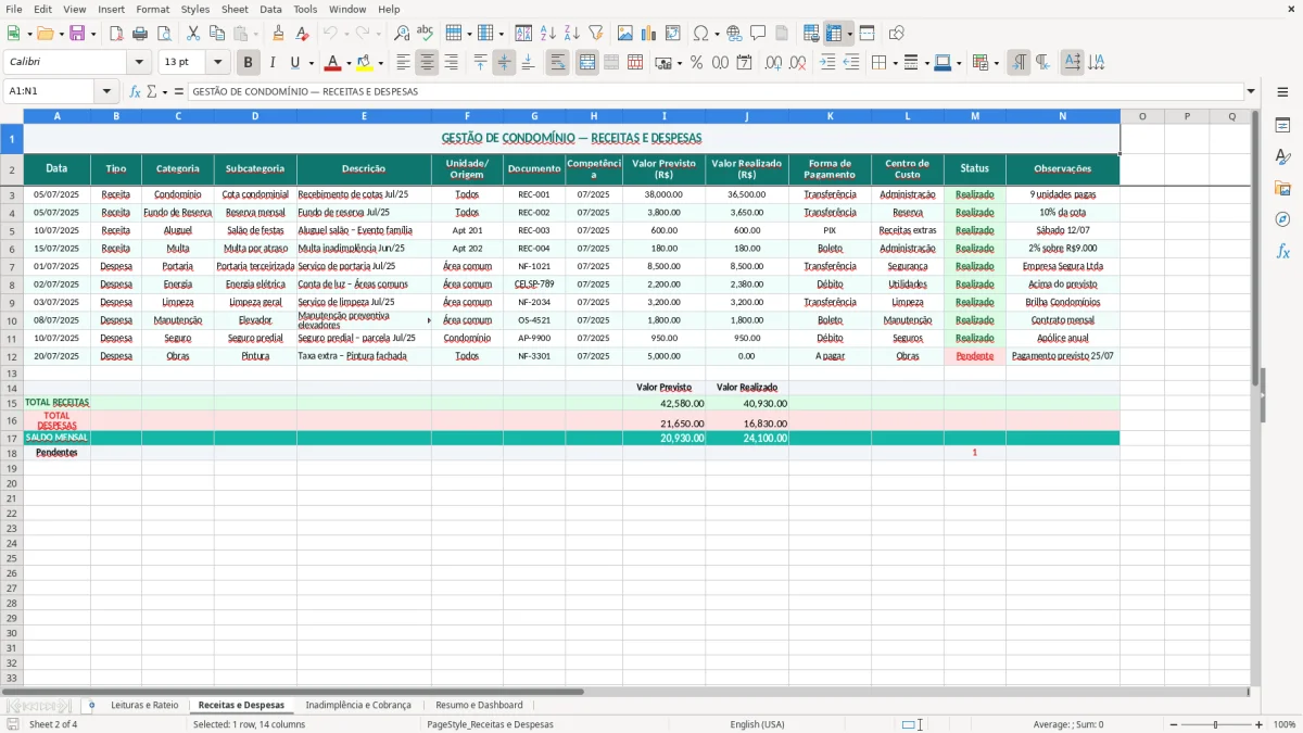 Captura de tela 2: Aba Receitas e Despesas - Planilha Excel planilha de gestão de condomínio excel