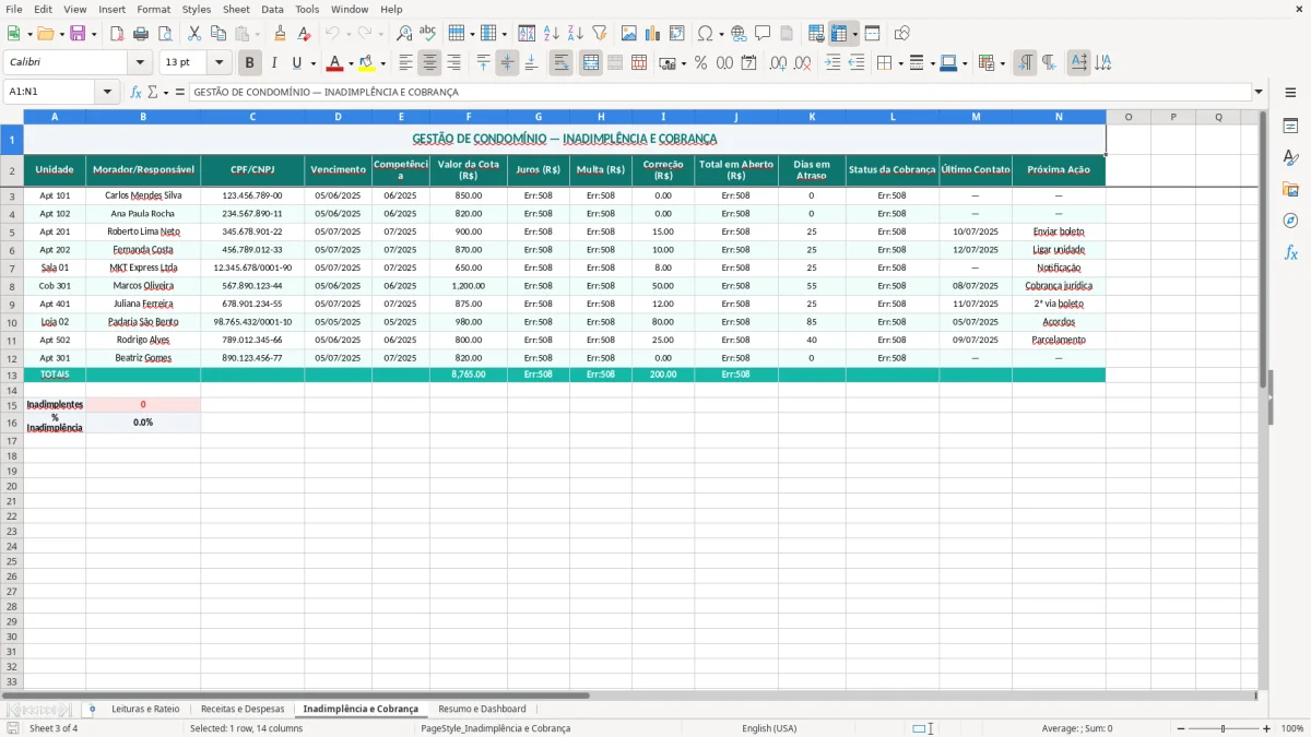Captura de tela 3: Aba Inadimplência e Cobrança - Planilha Excel planilha de gestão de condomínio excel