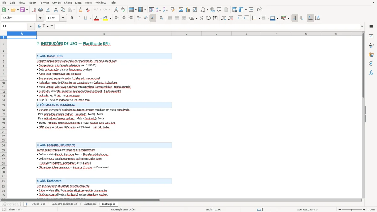 Captura de tela 4: Aba Instruções - Planilha Excel planilha de indicadores de desempenho excel