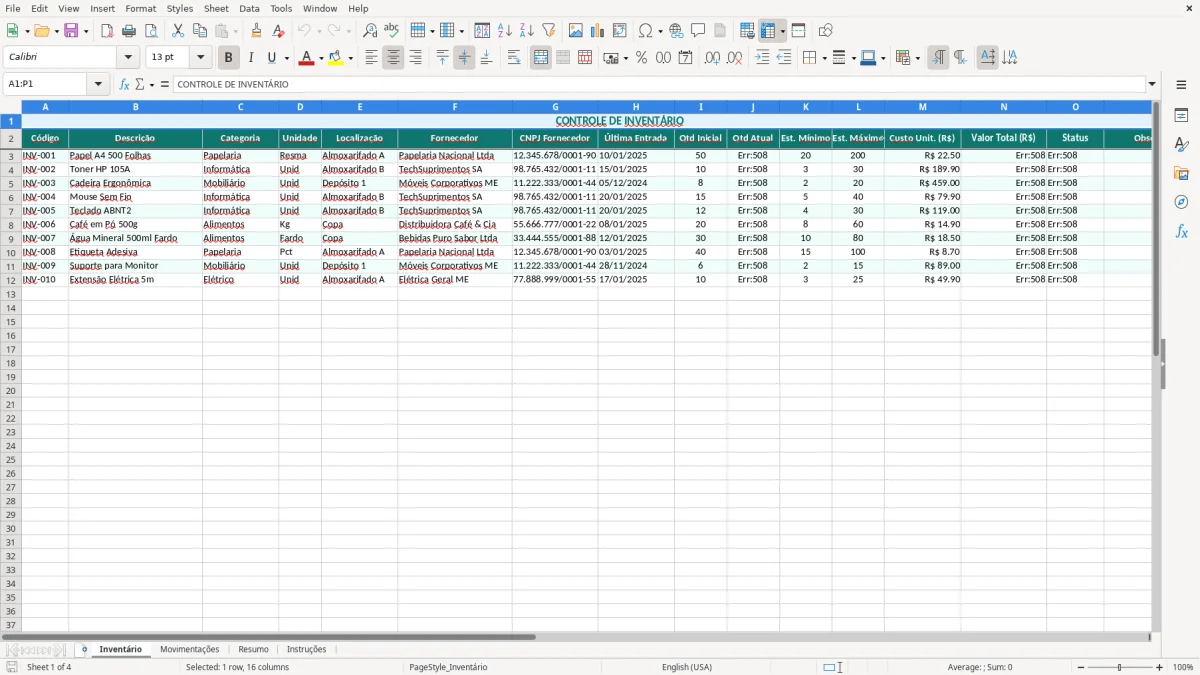 Captura de tela 1: Aba Inventário - Planilha Excel planilha de inventário excel