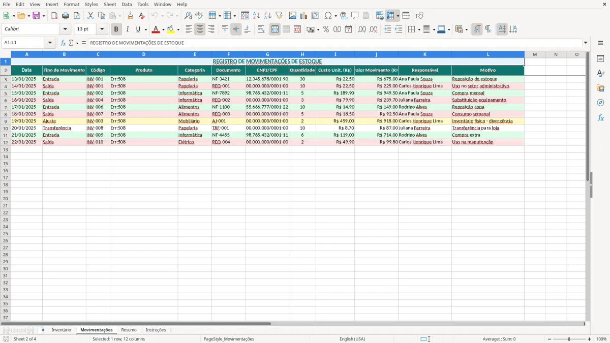Captura de tela 2: Aba Movimentações - Planilha Excel planilha de inventário excel