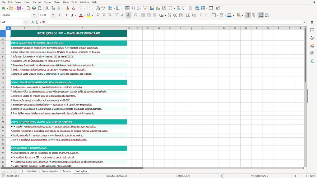 Captura de tela 4: Aba Instruções - Planilha Excel planilha de inventário excel