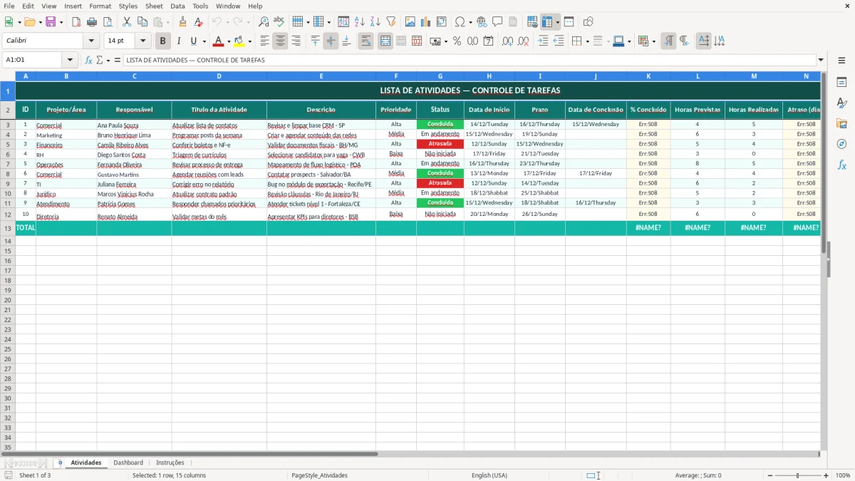 Captura de tela 1: Aba Atividades - Planilha Excel planilha de lista de atividades excel