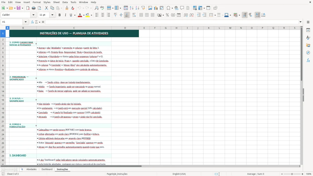 Captura de tela 3: Aba Instruções - Planilha Excel planilha de lista de atividades excel