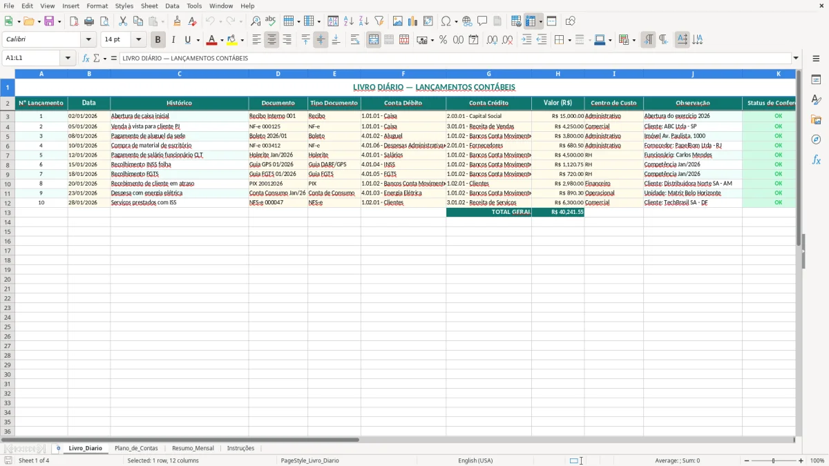 Captura de tela 1: Aba Livro_Diario - Planilha Excel planilha de livro diário excel