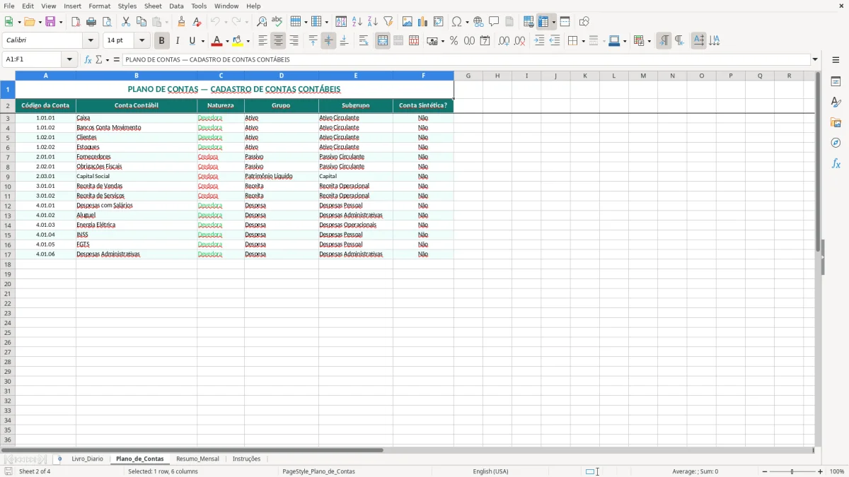 Captura de tela 2: Aba Plano_de_Contas - Planilha Excel planilha de livro diário excel