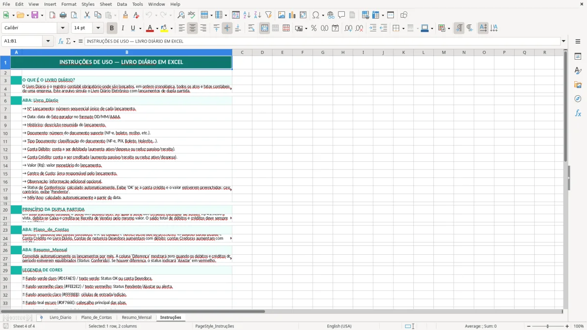 Captura de tela 4: Aba Instruções - Planilha Excel planilha de livro diário excel