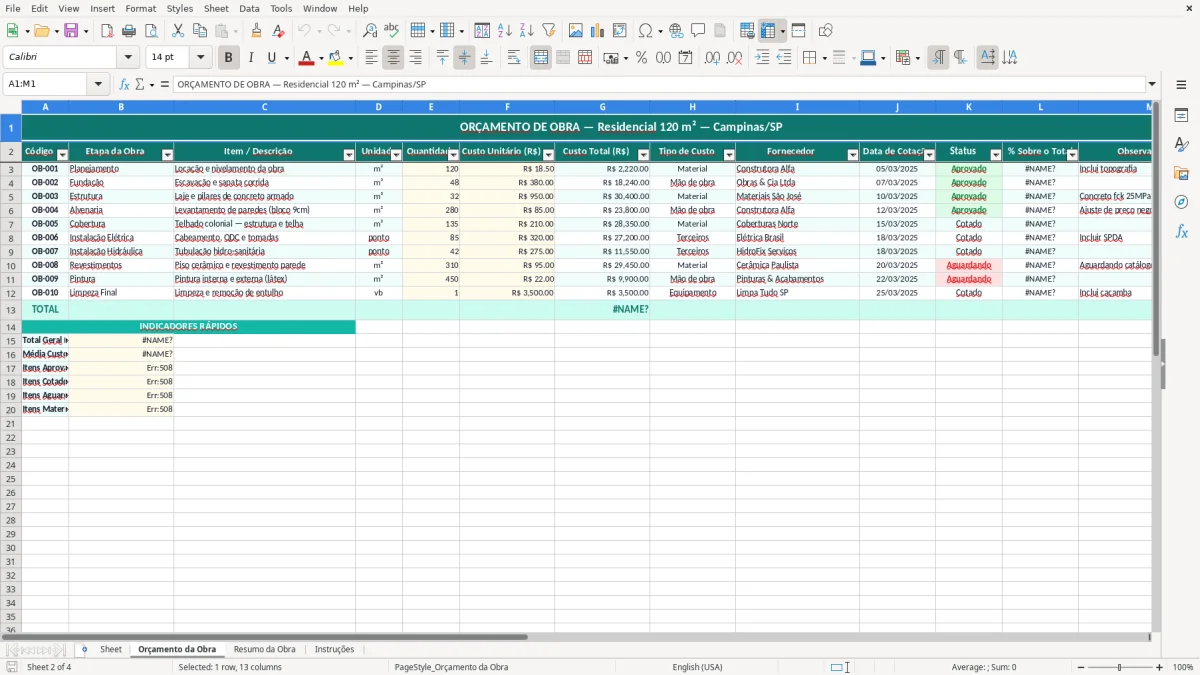 Captura de tela 1: Aba Sheet - Planilha Excel planilha de orçamento de obra excel