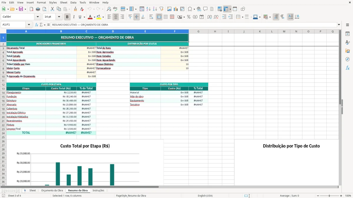 Captura de tela 2: Aba Orçamento da Obra - Planilha Excel planilha de orçamento de obra excel