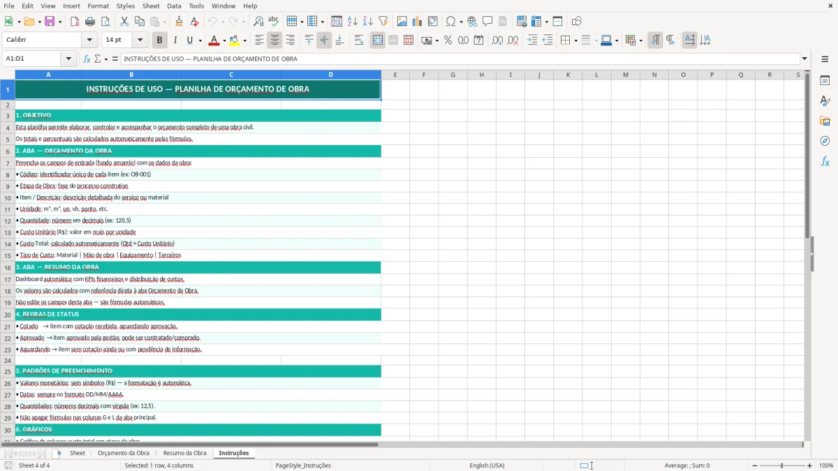 Captura de tela 3: Aba Resumo da Obra - Planilha Excel planilha de orçamento de obra excel